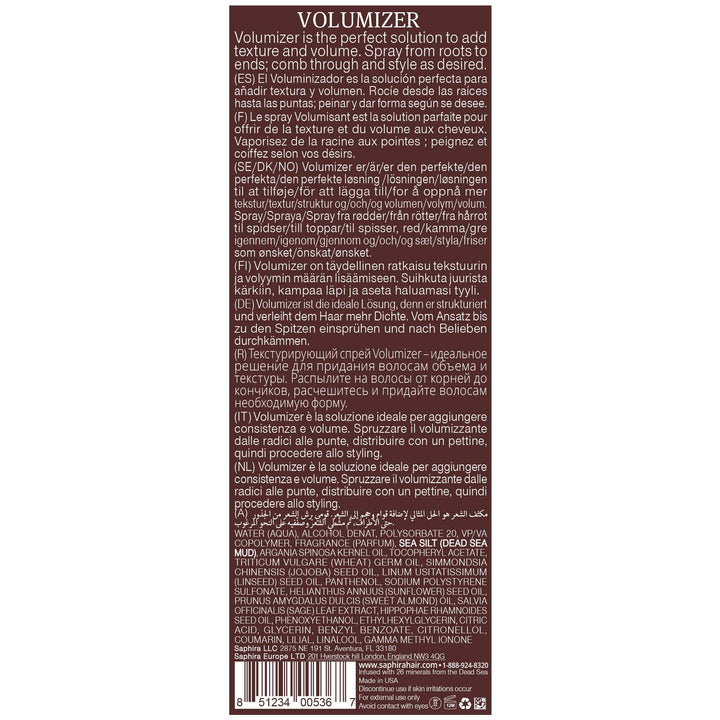 Saphira Volumizer back label with full ingredients list